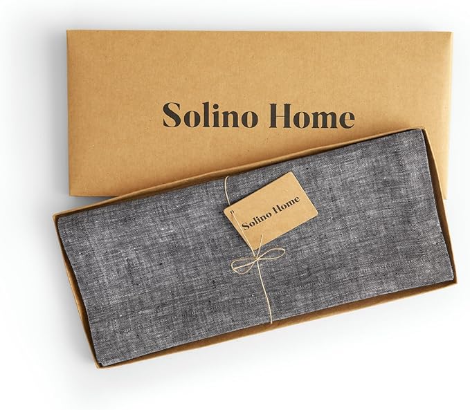 Solino Home Linen Table Runner 144 Inches Long - Athena, 100% Pure Linen Chambray Black Dining Table Runner 14 x 144 Inch
