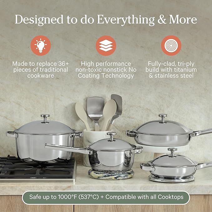 Our Place Titanium Pro Cookware Set (4-Piece) – Always Pan & Perfect Pot | Nonstick No-Coat Technology | Tri-Ply Titanium & Stainless Steel | Safe for Oven, Induction & Cooktops up to 1000°F | Chrome