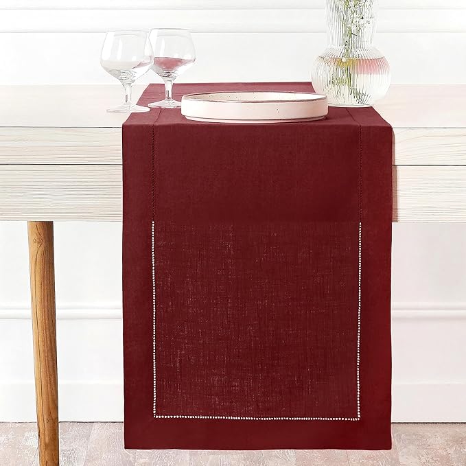 D'Moksha Homes Linen Dark Red Table Runner 60 Inches - Classic Hemstitch, 100% Pure Linen Coffee Table Runner 14 x 60 Inch Ideal for Dresser Tables - Winter, Christmas, Holiday, New Year