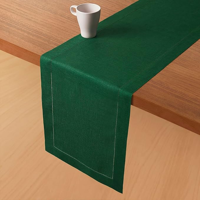 D'Moksha Homes Linen Forest Green Table Runner 120 Inches Long - 100% Pure Linen Hemstitch 14 x 120 Inch Table Runner for Dining, Winter, Christmas, Holiday, New Year - Classic Hemstitch