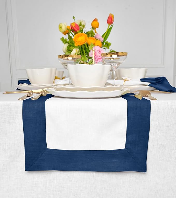 Solino Home Linen Table Runner 120 Inches Long - Indigo Blue and White 100% Pure Linen 14 x 120 Inch Table Runner for Dining - Contempo