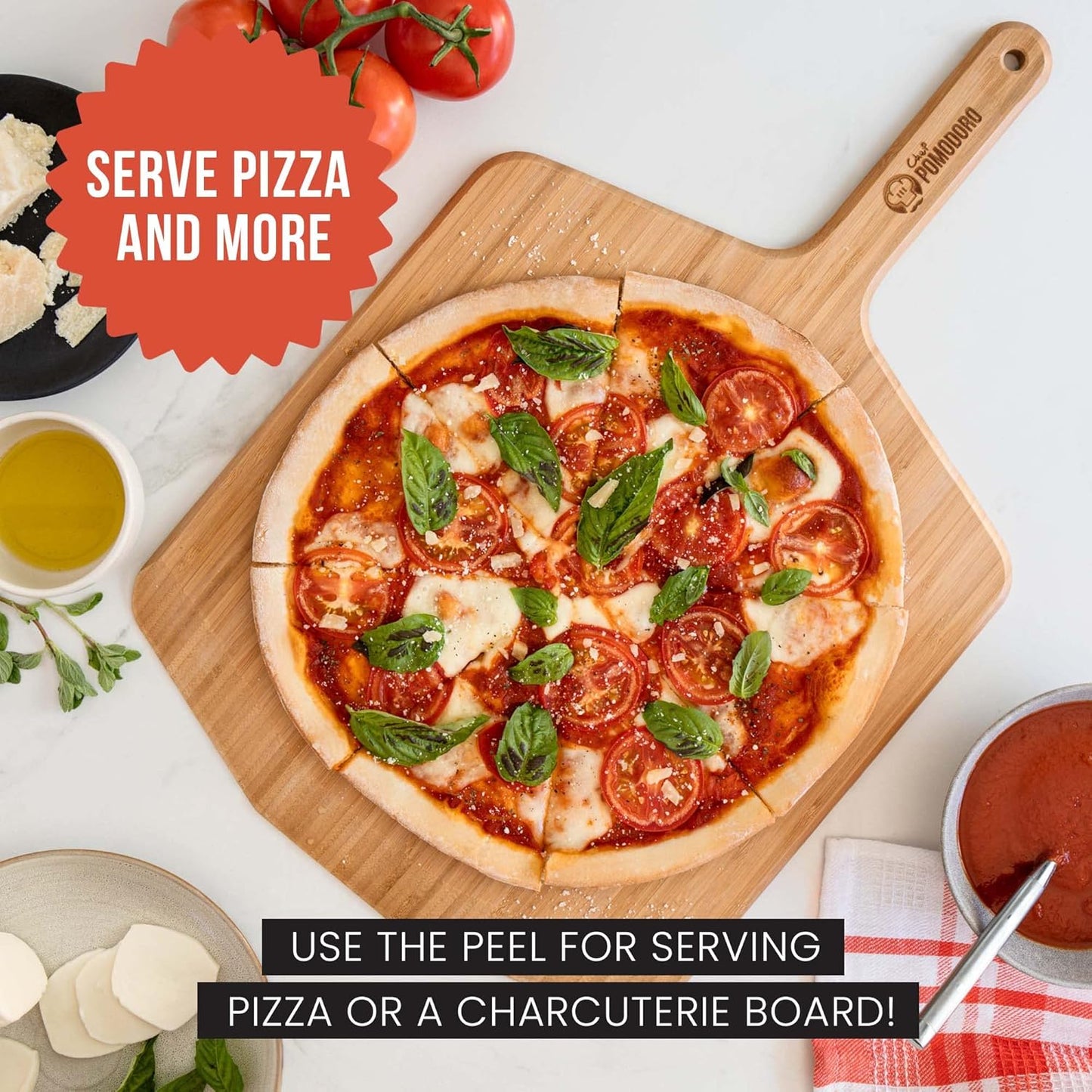 Chef Pomodoro Wooden Pizza Peel 14 inch, Homemade Wood Pizza Paddle, Board with with Handle, Indoor and Outdoor Oven Accessories, Spatula Gourmet Prep Shovel for Launching and Serving Pies and Bread