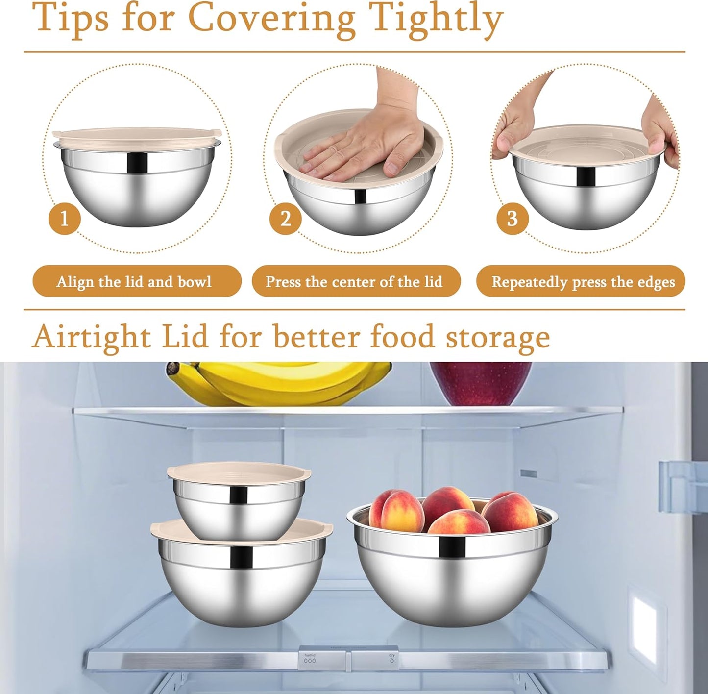 LIANYU Mixing Bowls with Airtight Lids Sets, 3 Packs Stainless Steel Metal Mixing Bowls, Ideal for Prepping, Cooking, Storage, Serving, Freezer & Dishwasher Safe, Khaki