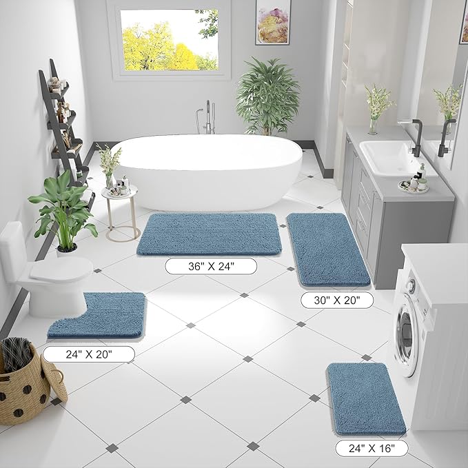 OLANLY Bathroom Rugs 47x20, Extra Soft Absorbent Chenille Bath Rugs, Rubber Backing Quick Dry, Machine Washable Bath Mats for Bathroom Floor, Tub and Shower, Home Decor Accessories, Airy Blue