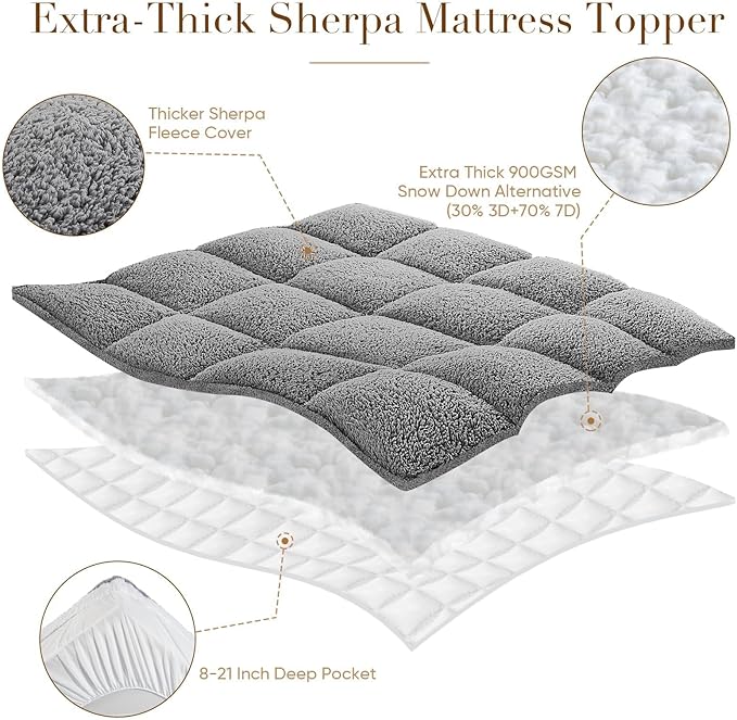 Cymula Twin Mattress Topper, Sherpa Mattress Pad for Dorm Bed Extra Thick 900GSM Down Alternative Plush Pillow Top 2inch Soft Futon Paded Mattress Protector Cover, Grey