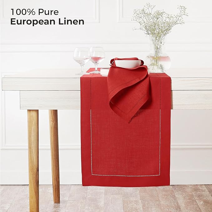 D'Moksha Homes Linen Bright Red Table Runner 90 Inches Long - Classic Hemstitch 100% Pure Linen Dining Table Runner 14 x 90 Inch for Winter, Christmas, Holiday, New Year