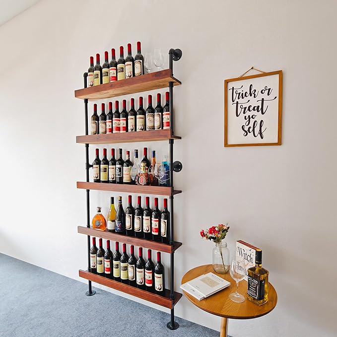 Industrial Wine Rack Wall Mounted, Industrial Pipe Bar Shelf for Wine Display, 5-Tier Rustic Hanging Organizer for Wine Bottle Storage in Kitchen, Bar, Pub, Cellar(Walnut Brown, 36 Inch)
