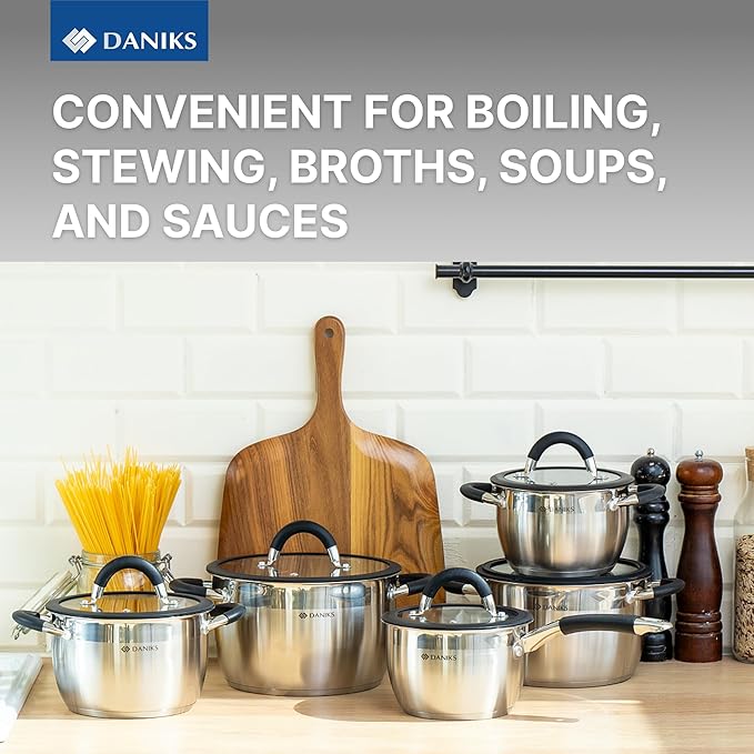 Daniks Orlando 11-Piece Stainless Steel Cookware Set with Glass Lids, Includes Saucepan and Frying Pan, Tri-Ply Bases for Even Heating, Induction Compatible, Dishwasher Safe, Heatproof Handles