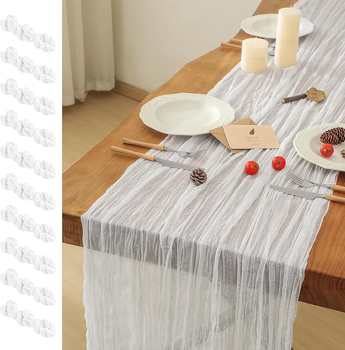 Leetaltree 10 Pack Ivory Cheesecloth Table Runner, 35x120 Inch Boho Rustic Cheese Cloth Table Runner, Decorative Table Runners for Bridal Baby Shower Decorations or Wedding Table Decorations