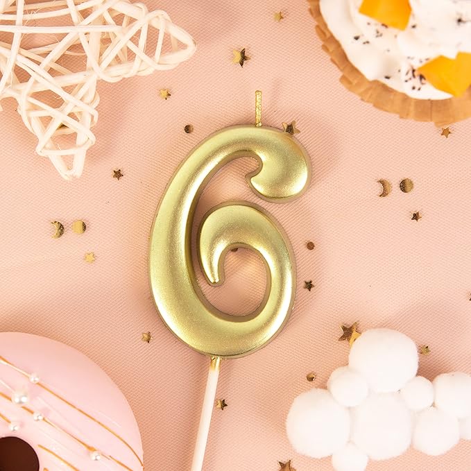 PHD CAKE 2.76 Inch Elegant Gold 6 Number Birthday Candles, Gold Number Candles, Cake Number Candles, Party Celebration