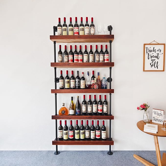 Industrial Wine Rack Wall Mounted, Industrial Pipe Bar Shelf for Wine Display, 5-Tier Rustic Hanging Organizer for Wine Bottle Storage in Kitchen, Bar, Pub, Cellar(Walnut Brown, 36 Inch)