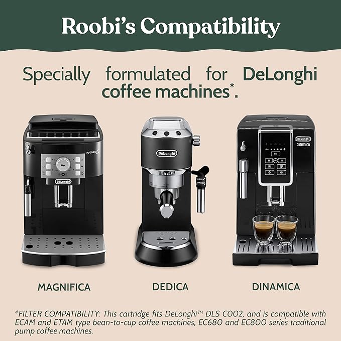 Roobi DeLonghi Compatible Cleaning Descaling Kit. Includes 1 Bottle of Descaling Solution and 4 DeLonghi Filters. Carbon Neutral DeLonghi Cleaner Descaler Kit. 1 Year Supply.