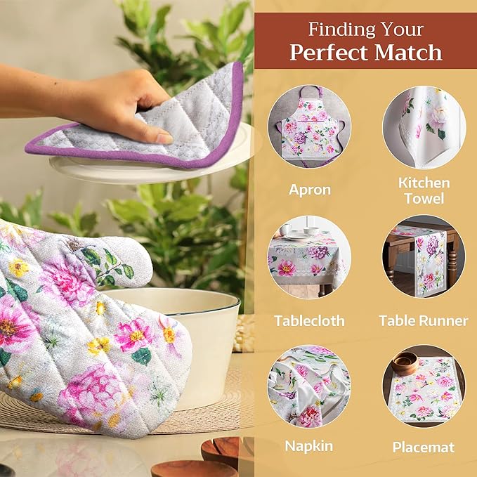 Maison d' Hermine 100% Cotton Oven Mitt & Pot Holder Set (7.5"x13" & 8"x8") Heat Resistant BBQ Cooking Gloves with Loop, Baking, Grilling, Kitchen, Handling Hot Pans Spring/Summer (Pivoine)