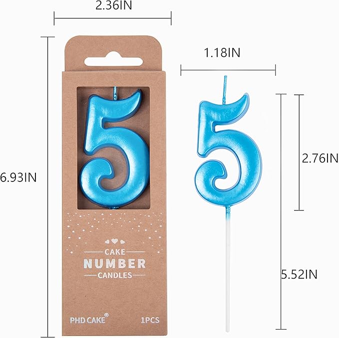 PHD CAKE 2.76 Inch Elegant Blue 5 Number Birthday Candles, Blue Number Candles, Cake Number Candles, Party Celebration