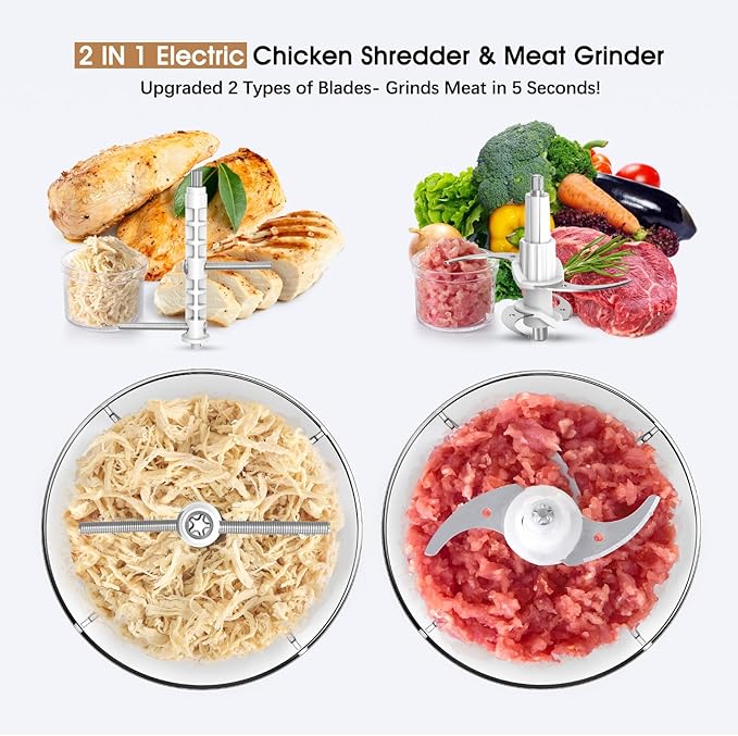 Food Processors, Electric Chicken Shredder & Meat Grinder Meat Shredder Tool Twist with 250W Copper Motor, 1.5L Bowl & Bi-Level Blades Anti-Slip Base for Meat/Fruits/Vegetable/Pet Food