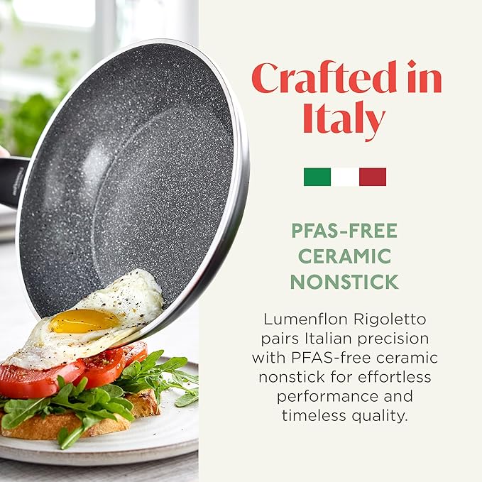 Rigoletto 11” Nonstick Frying Pan Skillet, Made in Italy, Layered Ceramic PFAS-Free Surface, Induction Ready, Dishwasher & Metal Utensil Safe, Granite Finish, Stay-Cool Handle, Black