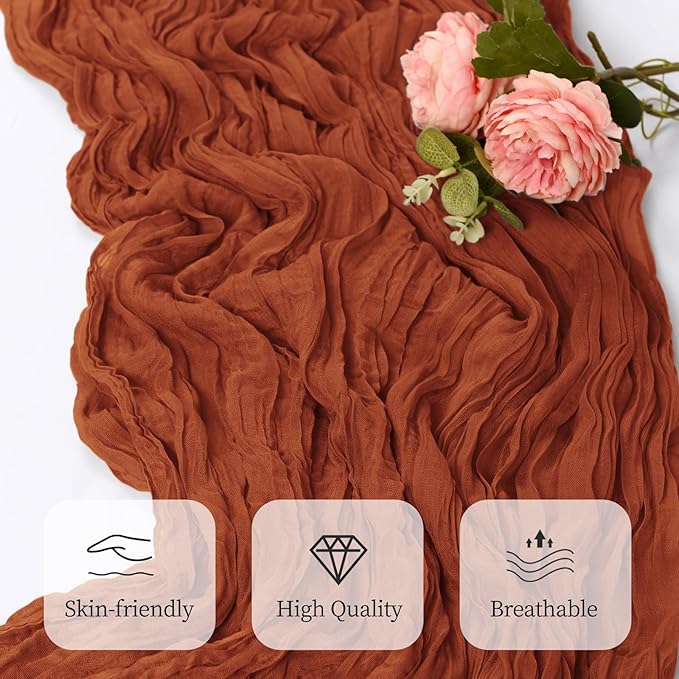 6 Pack Terracotta Cheesecloth Table Runner 17x108 Inch Semi Sheer Boho Gauze Cheese Cloth Fabric Table Runners, for Wedding Party Baby Shower Birthday Home Decor Garden Farmhouse