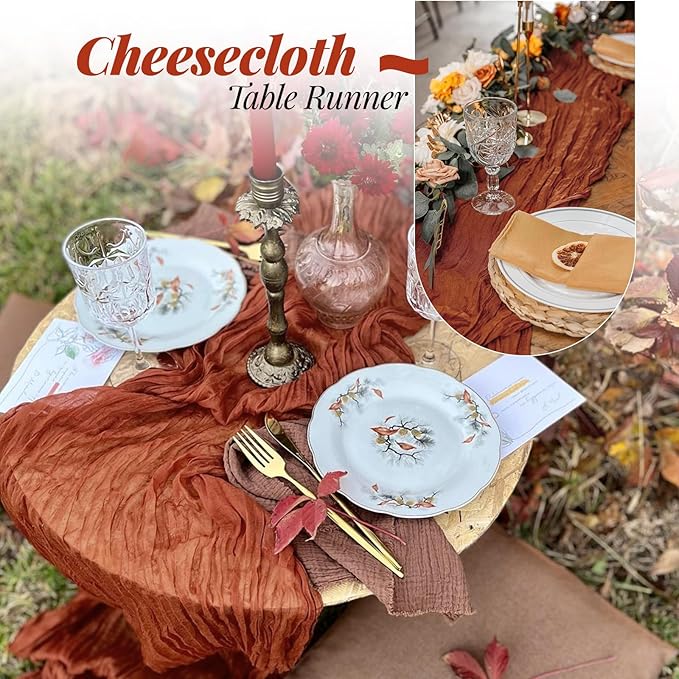 Aktor 12 Pack Terracotta Cheesecloth Table Runner 10Ft Gauze Table Runner Boho Semi Sheer Cheese Cloth Fabric Runners for Wedding Birthday Baby Shower Party Table Decoration（Terracotta）
