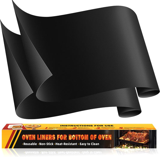 2 Pack Oven Liners for Bottom of Oven, 17"x25" Heavy Duty Non-Stick Oven Liner Mat, Reusable Heat Resistant Grill & Baking Mat, BPA/PFOA Free Roaster Liners, Fits Electric, Gas, Toaster Ovens (Black)