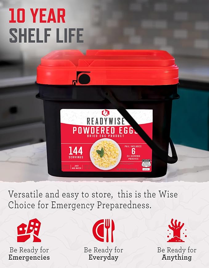 ReadyWise Emergency Food Supply - 144 Servings Freeze Dried Powdered Eggs Bucket, Protein Meals, Survival Food, Backpacking, Camping Essentials & Emergency Prepping Supplies, up to 10 Year Shelf Life