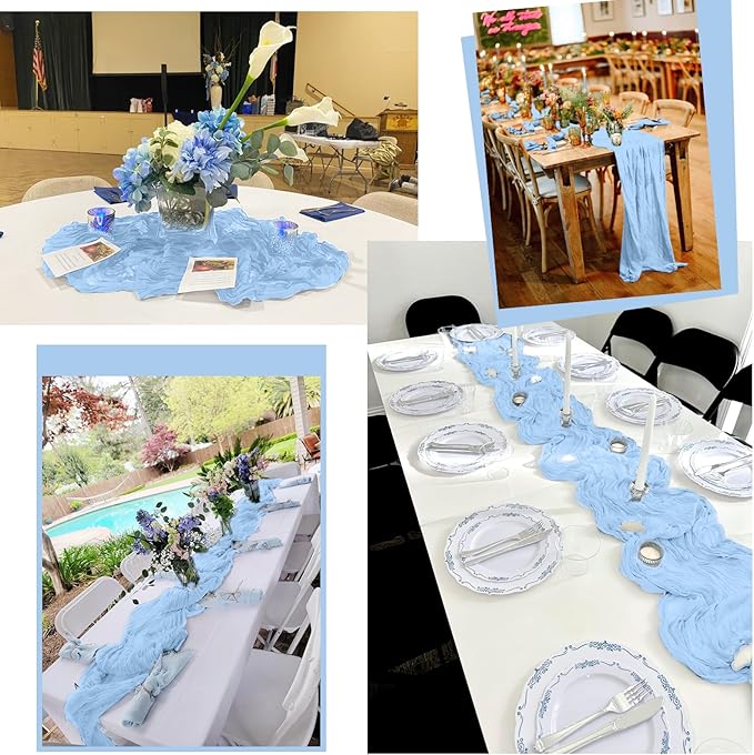 24 Pack Light Blue Table Runner 10Ft Cheesecloth Table Runner Rustic Gauze Table Runners Romantic Long Sheer Fabric Cheese Cloth Table Runners for Wedding Party Bridal Baby Shower