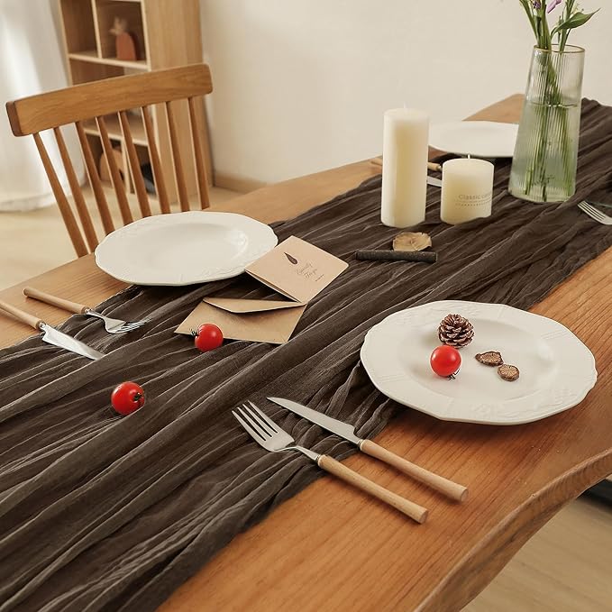 Leetaltree 4 Pack Brown Cheesecloth Table Runner, 35x120 Inch Boho Rustic Cheese Cloth Table Runner, Decorative Table Runners for Bridal Baby Shower Decorations or Wedding Table Decorations