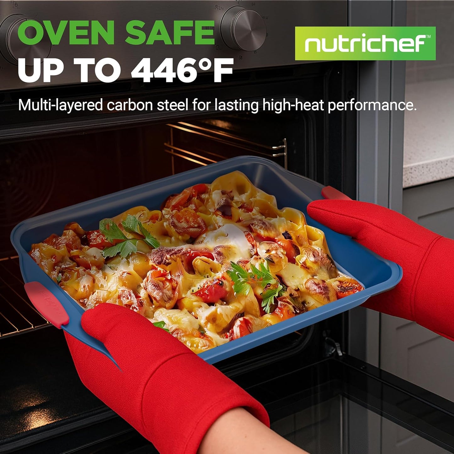 NutriChef 6-Piece Non Toxic Bakeware Set – Carbon Steel Baking Pan Includes Cookie, Muffins, Loaf, Bread, Round & Square Pans, Non-Stick, Easy Release, & Easy Clean