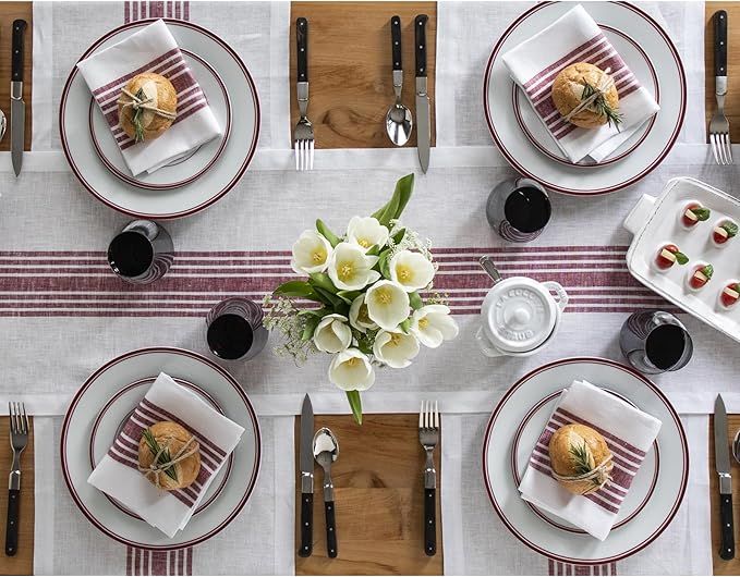 Solino Home Linen Table Runner 60 Inches - 100% Pure Linen Burgundy and White Farmhouse Table Runner 14 x 60 Inch Ideal for Dresser and Coffee Tables - Christmas, New Year