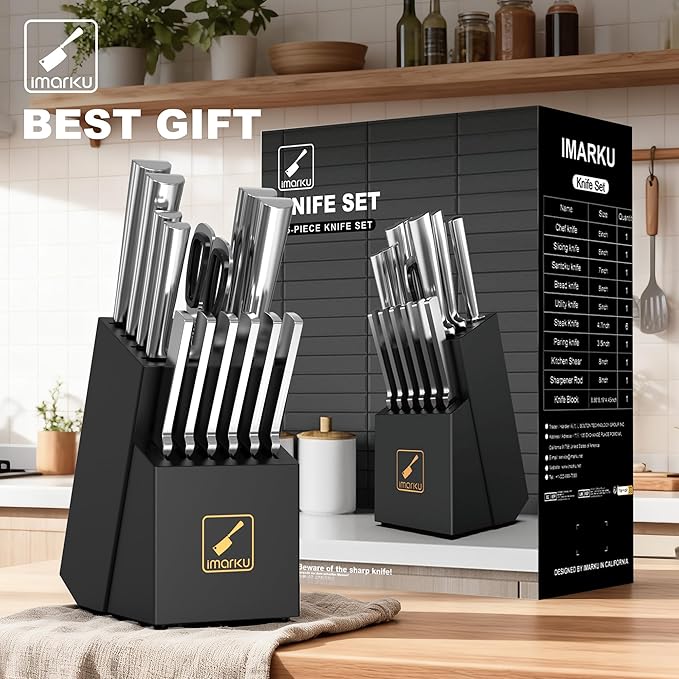 imarku 15 PCS Knife Set: Kitchen Knife Set with High Carbon Stainless Steel, Knife Block Set with Dishwasher Friendly Ultra Sharp Professional Chef Well Balance Knives Set, Best Gifts for Women Men