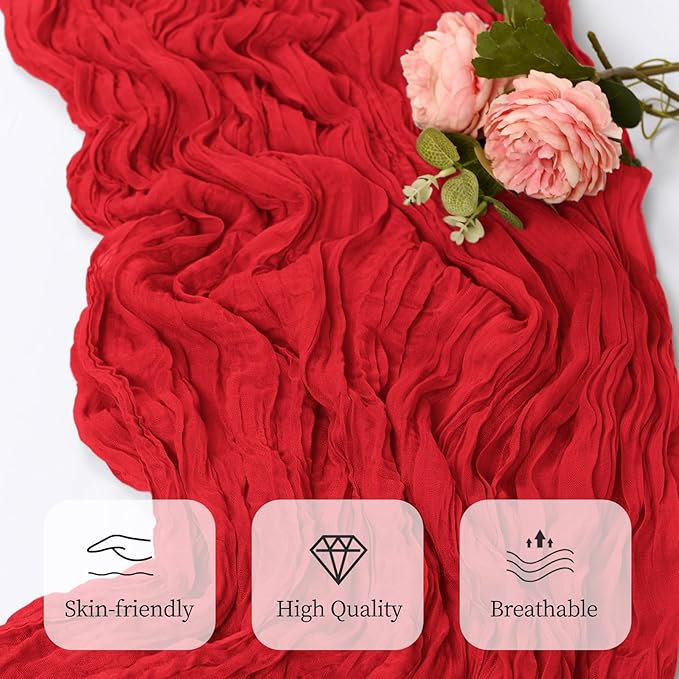 12 Pack Red Cheesecloth Table Runner 17x108 Inch Semi Sheer Boho Gauze Cheese Cloth Fabric Table Runners, for Wedding Party Baby Shower Birthday Home Decor Garden Farmhouse