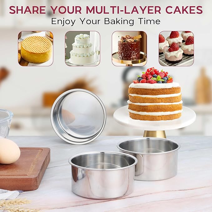 Onader 4 Inch Mini Cake Pan Set of 4, Stainless Steel Round Baking Smash Cake Pan Tin for Birthday Wedding, Small Size & 2 Inch Deep