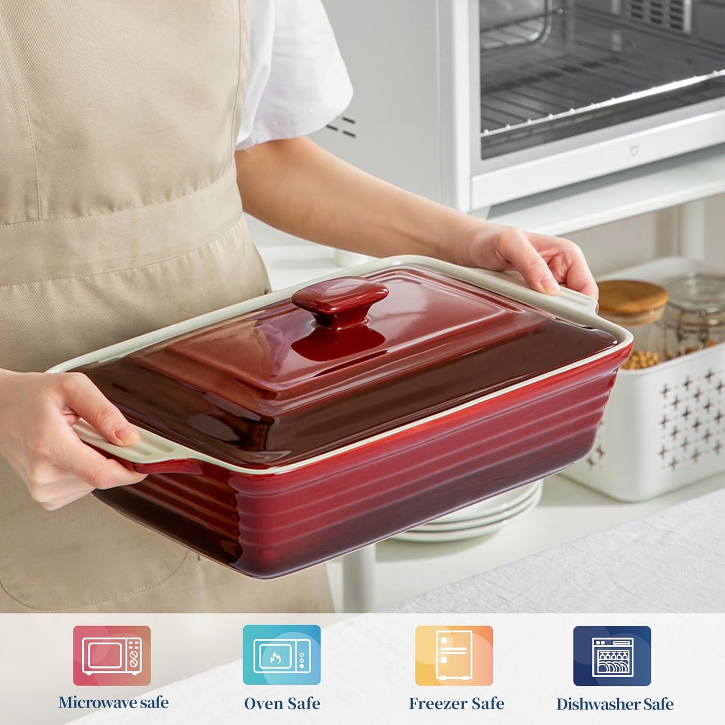 LOVECASA 4.5 Quart Ceramic Casserole Dish with Lid, 9x13 Baking Dish for Oven, Lasagna Pan Deep with Handles, Stoneware Bakeware, Oven & Dishwasher Safe, Gradient Red