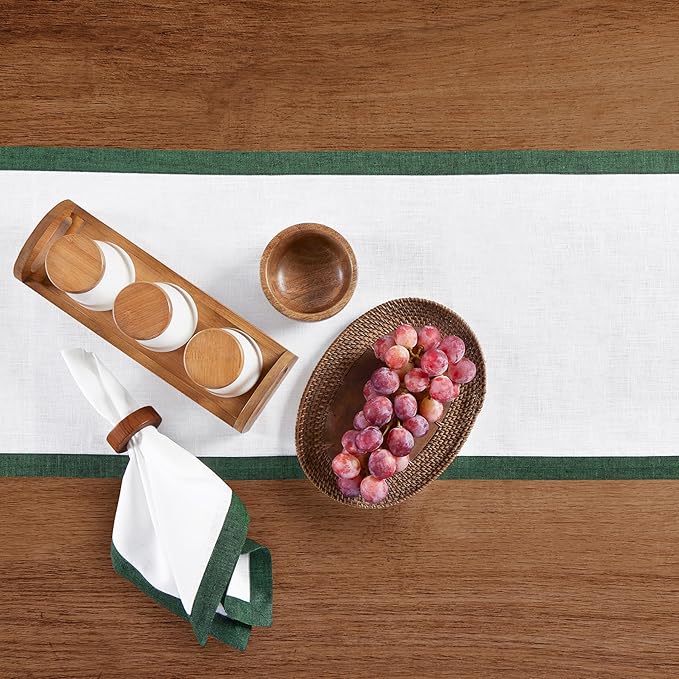 Solino Home Linen Table Runner 48 Inches - 100% Pure Linen Forest Green and White Small Table Runner 14 x 48 Inch Ideal for Dresser and Coffee Tables - Classic - Winter, Christmas