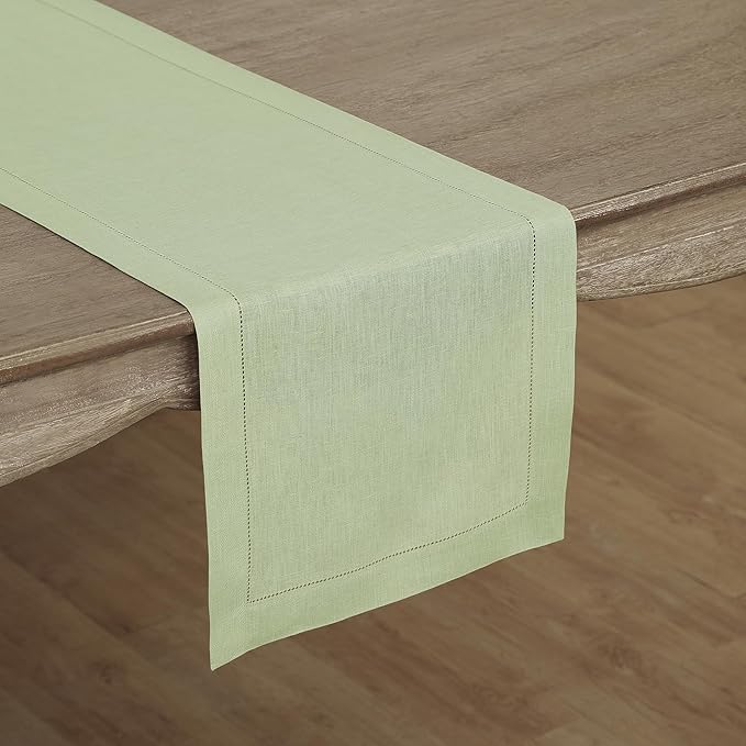 Solino Home Linen Sage Green Table Runner 72 Inches Long - 100% Pure Linen Hemstitch Table Runner 14 x 72 Inch for Dresser, Dining, Christmas, New Year - Classic Hemstitch