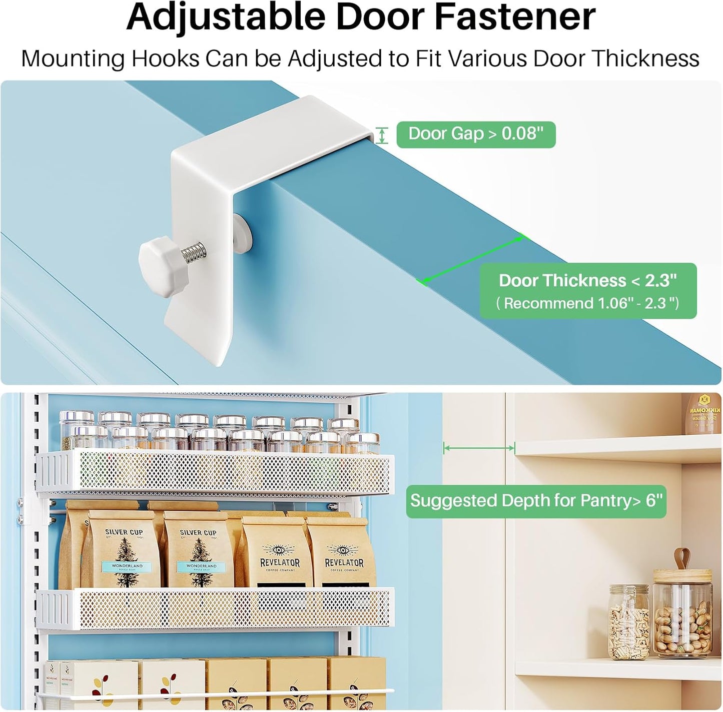 Over the Door Pantry Organizer - 8 Tier Adjustable Hanging Door Spice Rack, Large Capacity for Kitchen Pantry Storage (White)