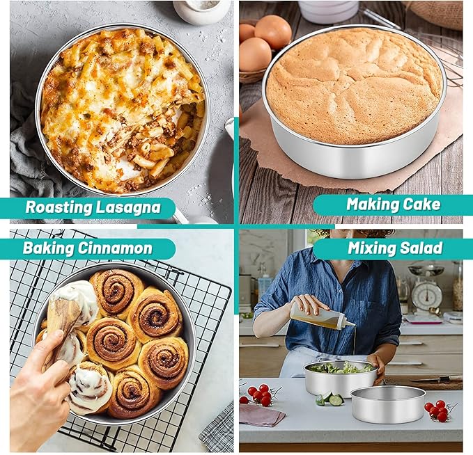 TeamFar Round Cake Pan, 8’’ x 3’’ Stainless Steel Layer Baking Cake Pan for Wedding Birthday, Fit Pots/Oven/Pressure Cooker, Healthy & Sturdy 3 Inch Deep & One Piece, Dishwasher Safe-4 PCS