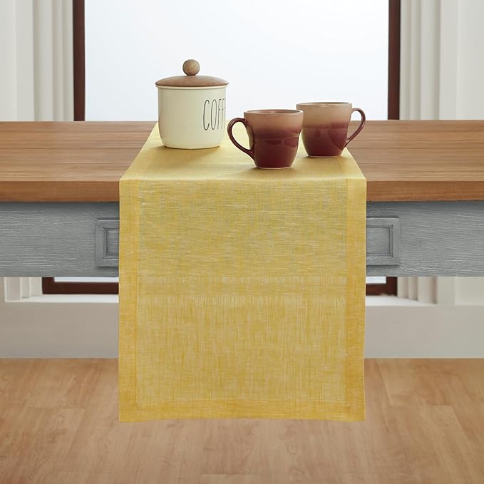 Solino Home Linen Table Runner 120 Inches Long - Athena, 100% Pure Linen Chambray Lemon Yellow 14 x 120 Inch Table Runner