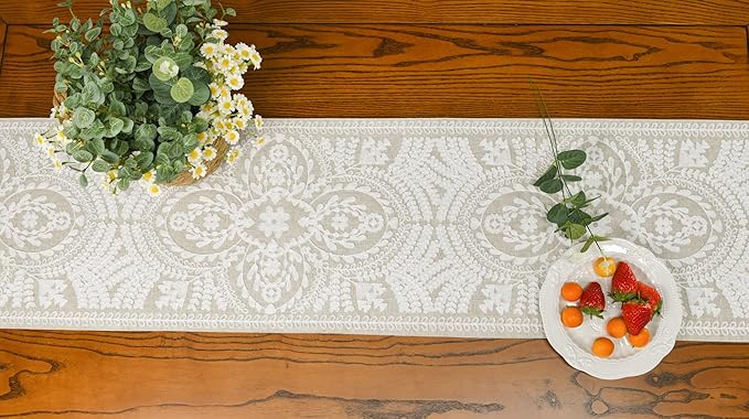KEVA Boho Table Runner 36inches Long, Farmhouse Rustic Vintage White Embroidered Table Runners 13x36 Inch for Dining Table Decorations