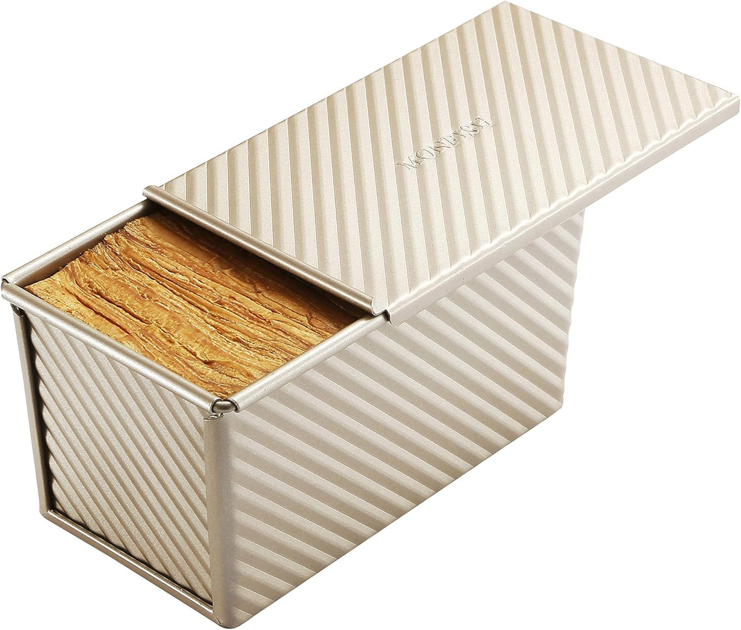 Monfish Pullman loaf Pan – loaf pan w lid - Wavy Non-Stick Toast Mold - Loaf Bread Baking Pan champagne gold (8.5x4.75x4.5)