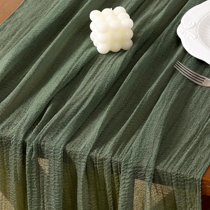 Socomi Green Cheesecloth Table Runner Olive Fall Thanksgiving Gauze 120 Inch Rustic Boho Cheese Cloth Runner for Wedding Party Baby Bridal Shower Centerpiece Decoration Holiday Home Decorations