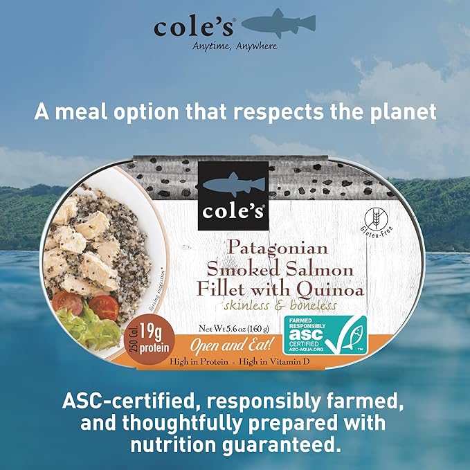 COLE’S - Patagonian Smoked Salmon Fillet with Quinoa| Ready to Eat Meal | 5.6 oz Hand-Packed Canned Fish | 19g Protein | High in Vitamin D | 24 pack