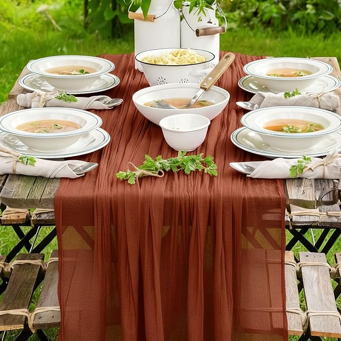Terracotta Fall Thanksgiving Cheesecloth Table Runner, 10 FT Boho Rustic Cheese Cloth Gauze, 35x120 Inches Burnt Orange Centerpieces for Wedding Thanksgiving Friendsgiving Party Decor, 1 Pack