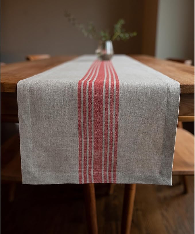 Solino Home Linen Table Runner 120 Inches Long - 100% Pure Linen Farmhouse Red and Natural Table Runner 14 x 120 Inch Ideal for Dining, Christmas, Holiday, Winter, New Year