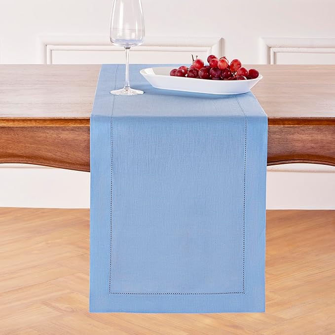 Solino Home Linen Cornflower Blue Table Runner 72 Inches Long - 100% Pure Linen Hemstitch Table Runner 14 x 72 Inch for Dresser, Dining, Christmas, Holiday, New Year - Classic Hemstitch