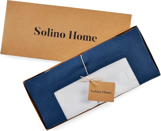 Solino Home Linen Table Runner 120 Inches Long - Indigo Blue and White 100% Pure Linen 14 x 120 Inch Table Runner for Dining - Contempo