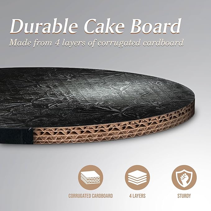 Cakebon Cake Boards - Sturdy 1/2 Thick Drums - 8 Inch Professional Fully Wrapped Edges Black 1-Pack