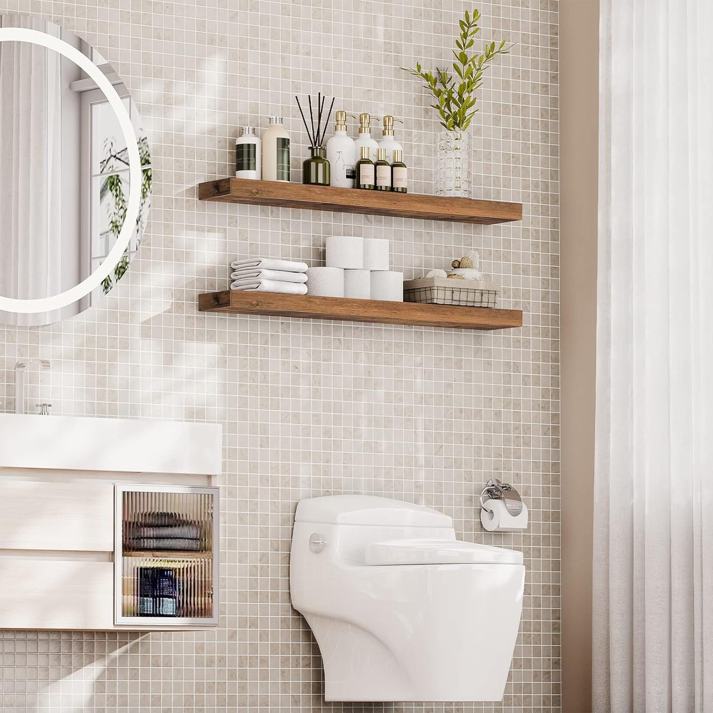 HOOBRO Floating Shelves for Wall, Wall Mounted Shelf Set of 2, 47.2" Hanging Shelf with Invisible Brackets, for Wall Bathroom, Bedroom, Toilet, Kitchen, Living Room, Office, Rustic Brown BF120BJP201