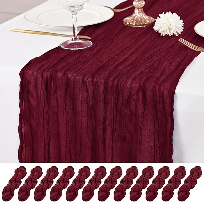 12 Pack Burgundy Table Runners 10Ft Cheesecloth Table Runner Rustic Gauze Table Runner Romantic Long Sheer Fabric Cheese Cloth Table Runner for Wedding Party Bridal Baby Shower