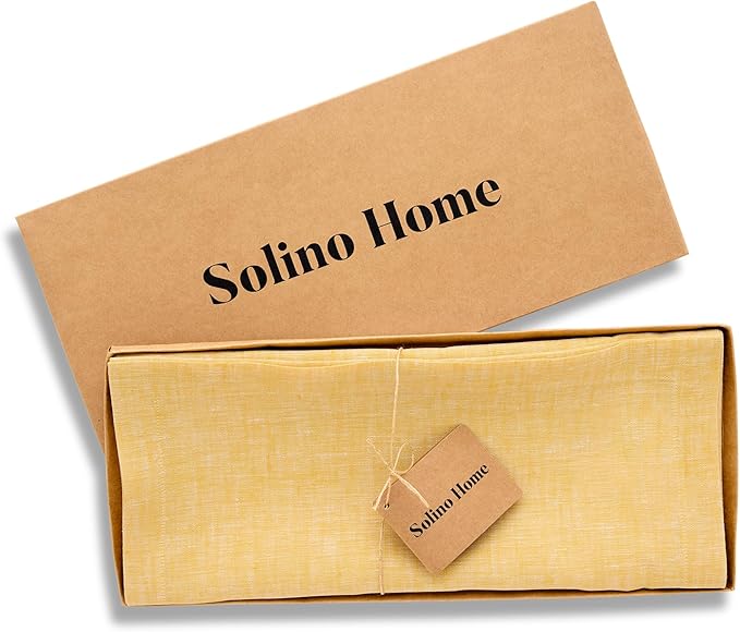 Solino Home Linen Table Runner 108 Inches Long - Athena, 100% Pure Linen Chambray Mustard Yellow Table Runner 14 x 108 Inch for Dining