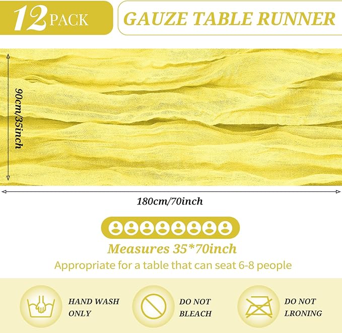 12 Pack Cheesecloth Table Runner 35 x 70 inch Long Boho Cheese Cloth Gauze Table Runners Semi Sheer Table Runner for Wedding Decor, Bridal Shower, Birthday Party (Yellow)
